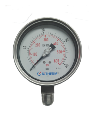 Manómetro de 0 - 600 psi (conexión de 1/2 in npt, caratula de 4 in) con glicerina