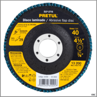Disco laminado flap, alto rendimiento 4 1/2", grano 40 Pretul