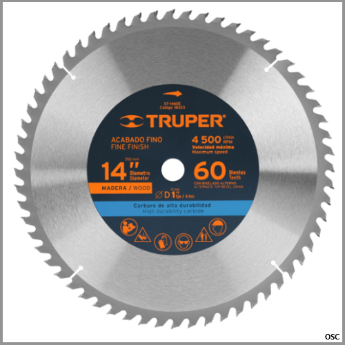 Discos sierra 14", centro 1" (60 dientes) acabado extra fino Truper
