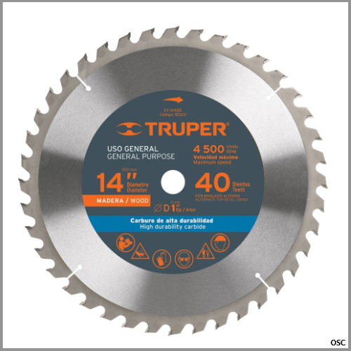 Discos sierra 14", centro 1" (40 dientes) uso general Truper